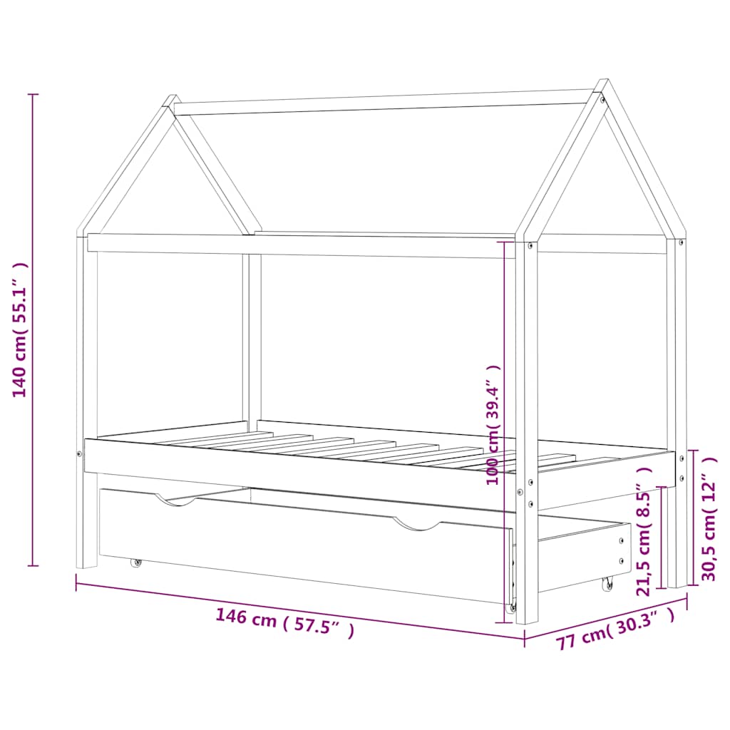 Kinderbett mit Schublade Massivholz Kiefer 70x140 cm, 80x160 cm, 90x200 cm - Yekta