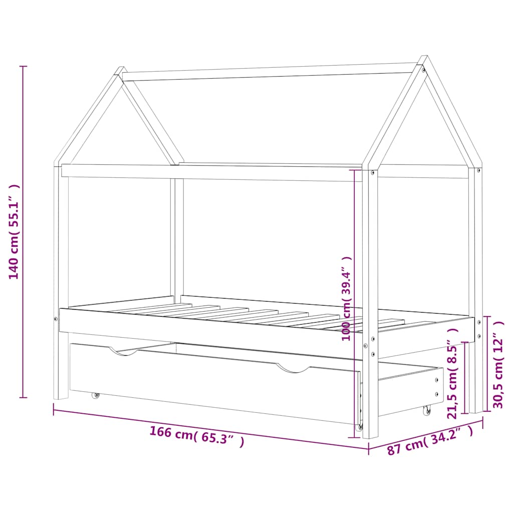 Kinderbett mit Schublade Massivholz Kiefer 70x140 cm, 80x160 cm, 90x200 cm - Yekta