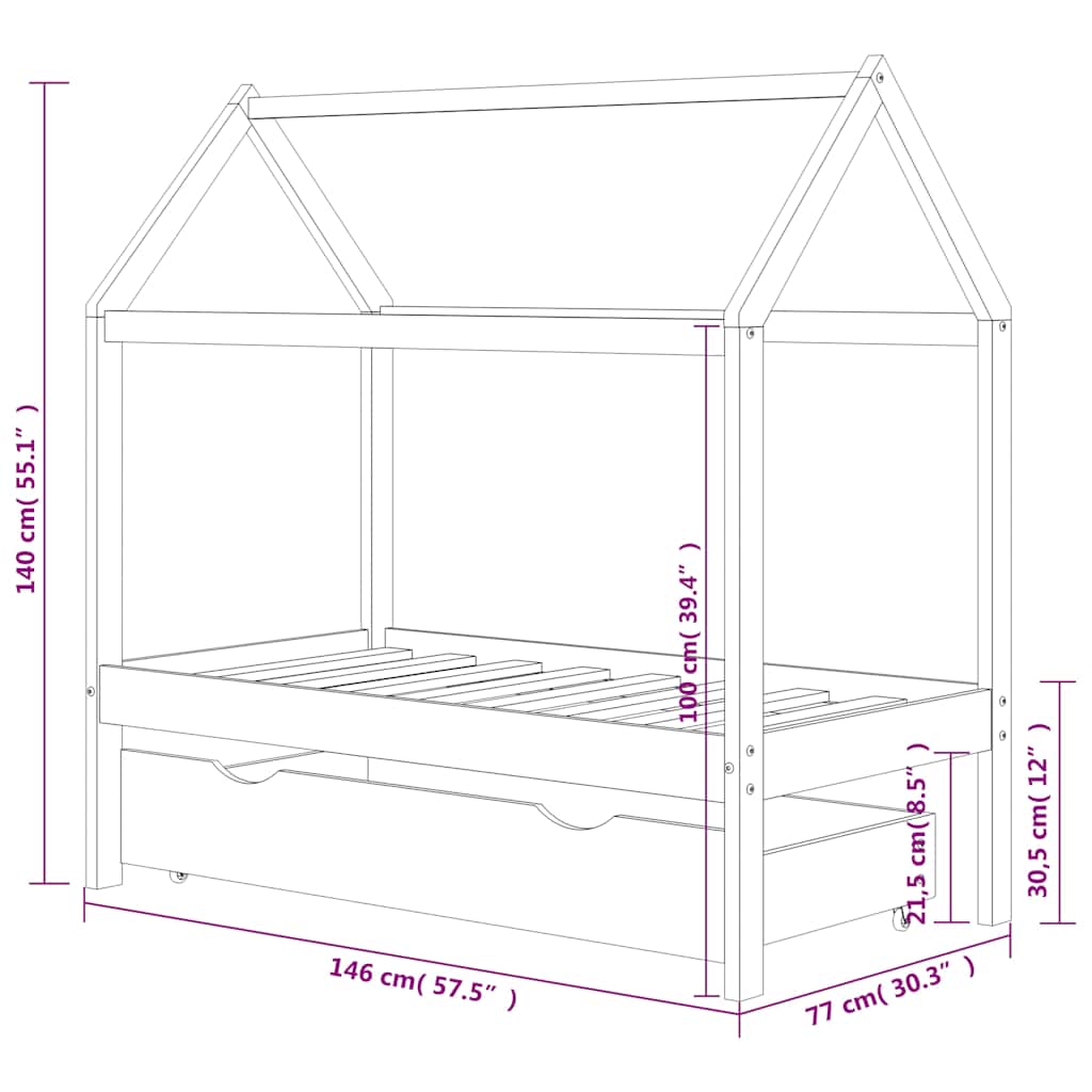 Kinderbett mit Schublade Massivholz Kiefer 70x140 cm, 80x160 cm, 90x200 cm - Yekta