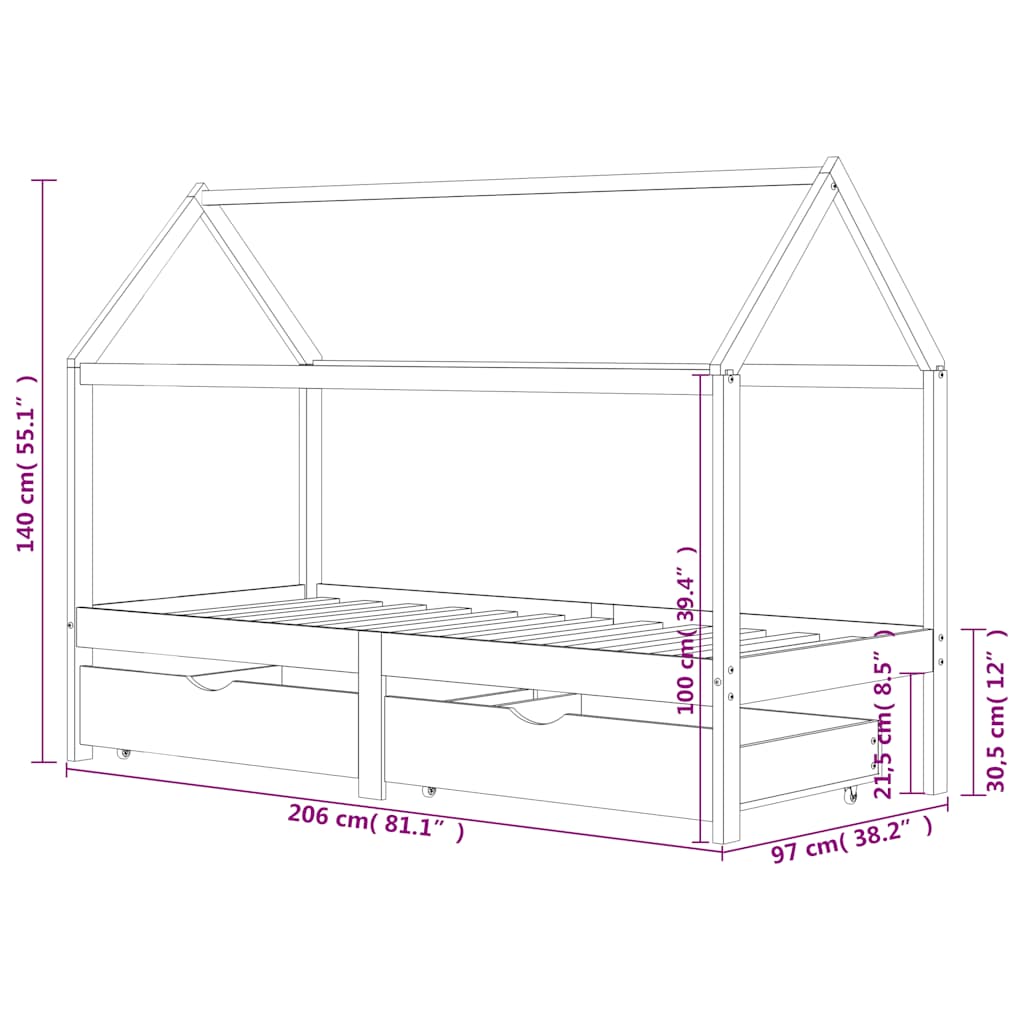 Kinderbett mit Schublade Massivholz Kiefer 70x140 cm, 80x160 cm, 90x200 cm - Yekta