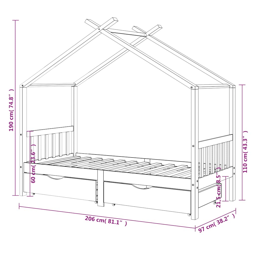 Kinderbett mit Schublade Massivholz Kiefer 70x140 cm bis 90x200 cm - Yekta