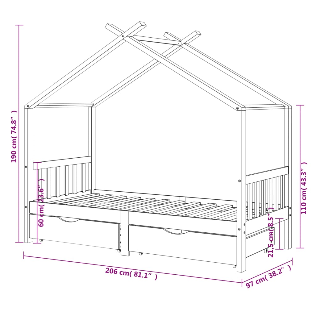 Kinderbett mit Schublade Massivholz Kiefer 70x140 cm bis 90x200 cm - Yekta