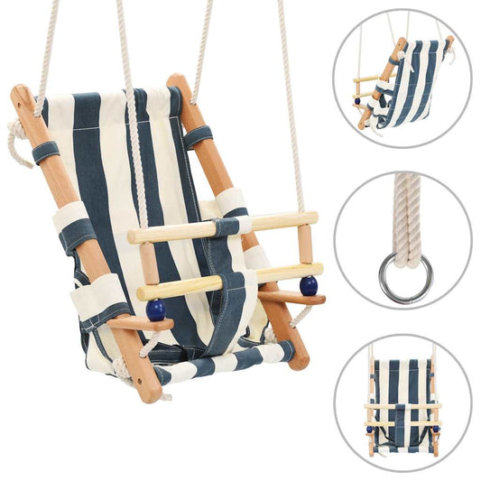 Schaukel Babyschaukel mit Sicherheitsgurt Baumwolle Holz Blau - Yekta